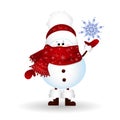 Christmas Cute Snowman with scarf and red santa claus hat , holding a snowflake isolated on white background. Royalty Free Stock Photo