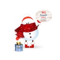 Christmas Cute Snowman with scarf and red santa claus hat , holds banner Royalty Free Stock Photo