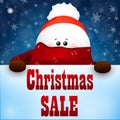 Christmas Cute Snowman with scarf and red santa claus hat . Christmas SALE. Royalty Free Stock Photo