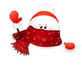 Christmas Cute Snowman with scarf and red santa claus hat and sign .
