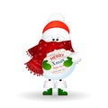 Christmas Cute Snowman with scarf and red santa claus hat , holds banner with Christmas greetings isolated on white background. Royalty Free Stock Photo