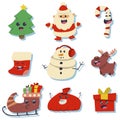 Christmas cute stickers with holiday symbols: Santa Claus, tree, candy cane, stocking, snowman, gift box, reindeer, sled and bag. Royalty Free Stock Photo