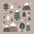 Christmas cute winter forest vector clipart set with Christmas trees, stones, mountains, plants, mushrooms, bushes in