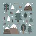 Christmas cute winter forest vector clipart set with Christmas trees, stones, mountains, plants, mushrooms, bushes in