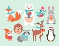 Christmas cute woodland animals vector illustration set. Funny forest xmas animal characters holding gifts and hot drink Royalty Free Stock Photo