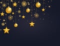 Christmas 3d gold balls, stars and snowflakes garland. Golden glass xmas toys. Luxury hanging baubles with ribbon Royalty Free Stock Photo