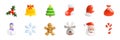 Christmas 3d Icons, Emoticons Set. Holly, Christmas Bell, Christmas Tree, Santa Claus Stocking and Mitten, Gift Bag, Snowman,