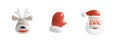 Christmas 3d Icons Set. Deer face, Santa Claus mitten, Santa Claus face isolated on white. Xmas symbol. Cute Cartoon Design Royalty Free Stock Photo