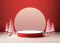 Christmas 3D Red and White Podium Decoration with Circle Backdrop and Pine Tree for Product Display Royalty Free Stock Photo