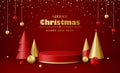 Christmas 3d scene with red and gold podium platform, Christmas fir trees and balls, confetti