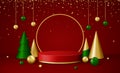 Christmas 3d scene with red and gold podium platform, green and gold Christmas fir trees and balls, confetti