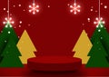 Christmas 3d scene. Stage podium with for product display on a red background. Vector illustration. Royalty Free Stock Photo