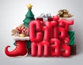 Christmas 3d text vector concept design. Christmas red typography with realistic xmas decoration