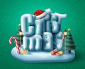 Christmas 3d text vector concept design. Christmas typography in snow island with miniature