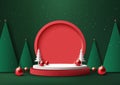 Christmas 3D White and Red Podium Decoration with Circle Backdrop Pine Tree, Red Balls Royalty Free Stock Photo