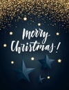 Christmas dark background with shiny golden glitter, three-dimensional stars and lettering. Minimalistic vector design. Royalty Free Stock Photo
