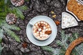 Christmas dark background. Winter cocoa with marshmallows and cookies in christmas decorations