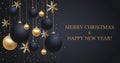 Christmas dark blue background with Christmas balls and golden snowflakes. Happy New Year decoration. Elegant Xmas banner or Royalty Free Stock Photo