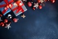 Christmas dark blue background with red and silver Christmas tree toys. ai generated