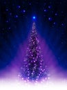 Christmas dark blue postcard with shiny Christmas tree, shiny balls.