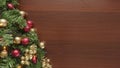 Christmas dark brown wooden background with decor and lights