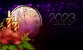 Christmas dark card with a round clock, burning candles, fir branches with festive balls Royalty Free Stock Photo