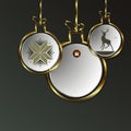 Christmas dark pattern of balls with silhouettes of snowflakes and a deer with a gold border.