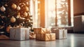 Christmas Day, Christmas gift boxes on floor near fir tree in room white background. copy space. Generate Ai Royalty Free Stock Photo