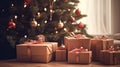 Christmas Day, Christmas gift boxes on floor near fir tree in room white background. copy space. Generate Ai Royalty Free Stock Photo
