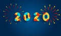 2020 Christmas day colorful postcard. Multicolored figures 2020 and fireworks. On a blue background. Vector