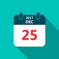 Christmas Day 25 December Calendar Icon. Vector illustration in flat style with long shadow Royalty Free Stock Photo
