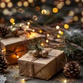 Christmas day gift presents wrapped in boxes under the festive tree with a bokeh background Royalty Free Stock Photo