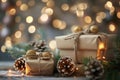 Christmas day gift presents wrapped in boxes under the festive tree with a bokeh background Royalty Free Stock Photo