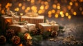 Christmas day gift presents wrapped in boxes under the festive tree with a bokeh background Royalty Free Stock Photo