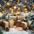 Christmas day gift presents wrapped in boxes under the festive tree with a bokeh background Royalty Free Stock Photo