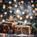 Christmas day gift presents wrapped in boxes under the festive tree with a bokeh background Royalty Free Stock Photo