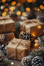 Christmas day gift presents wrapped in boxes under the festive tree with a bokeh background Royalty Free Stock Photo