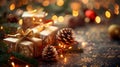 Christmas day gift presents wrapped in boxes under the festive tree with a bokeh background Royalty Free Stock Photo