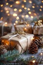 Christmas day gift presents wrapped in boxes under the festive tree with a bokeh background Royalty Free Stock Photo