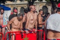 CHRISTMAS DAY HARBOUR SWIM 2015, BARCELONA, Port Vell - 25th December: Swimmers in Santa Claus hats prepared for contest Royalty Free Stock Photo