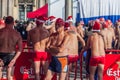 CHRISTMAS DAY HARBOUR SWIM 2015, BARCELONA, Port Vell - 25th December: Swimmers in Santa Claus hats prepared for contest