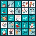 Christmas december advent calendar with numbered parts and cute winter Santa Claus, xmas elf, animals characters for cut down. Royalty Free Stock Photo