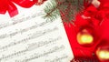 Christmas decor on the background of musical notes Royalty Free Stock Photo