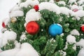 Christmas decor Christmas tree under the snow on the street. Big red and blue balls on the branch. Selective focus
