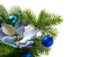 Christmas decor with fir branches, pale blue silk poinsettias, c Royalty Free Stock Photo