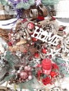 Christmas decor, gift. Holiday elements background inside. Photo modern