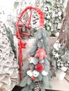 Christmas decor, gift. Holiday elements background inside. Photo modern