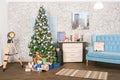 Christmas decor. Large bright living room. Christmas tree