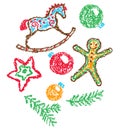 Christmas decor set. Rocking horse, gingerbread man, star, ball. Hand drawing cute cartoon background.