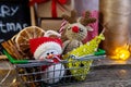 Christmas decor in a shopping basket. Christmas and new year shopping concept Royalty Free Stock Photo